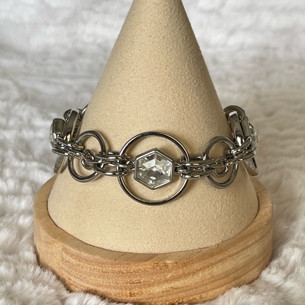White House Black Market Silver Tone Link Bracelet Hexagon Crystal Charm
